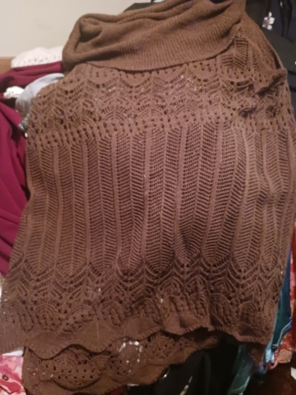 Women’s Brown Cowl-Neck Knit Sweater with Lace Stitch Detail
